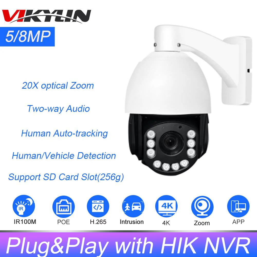 Vikylin Hikvision Compatible 8MP PTZ IP Camera 20X Zoom Human Auto Tracking Built-in Mic compatible with many third-party NVR