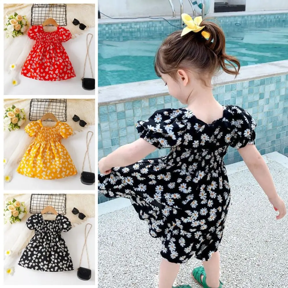 Fashion Square Collar Baby Girls Princess Dress Puff Sleeve Beach Vacation Summer Flower Dress Party Sweet Toddle Dress Holiday