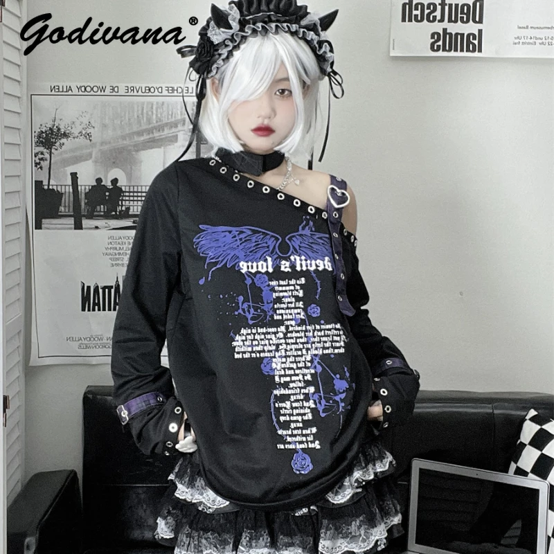 

New Spring Sub-Culture Punk Style Y2g Hot Girl Printed Loose Sweatshirt off-Shoulder Harajuku Long Sleeves T-shirt Tops