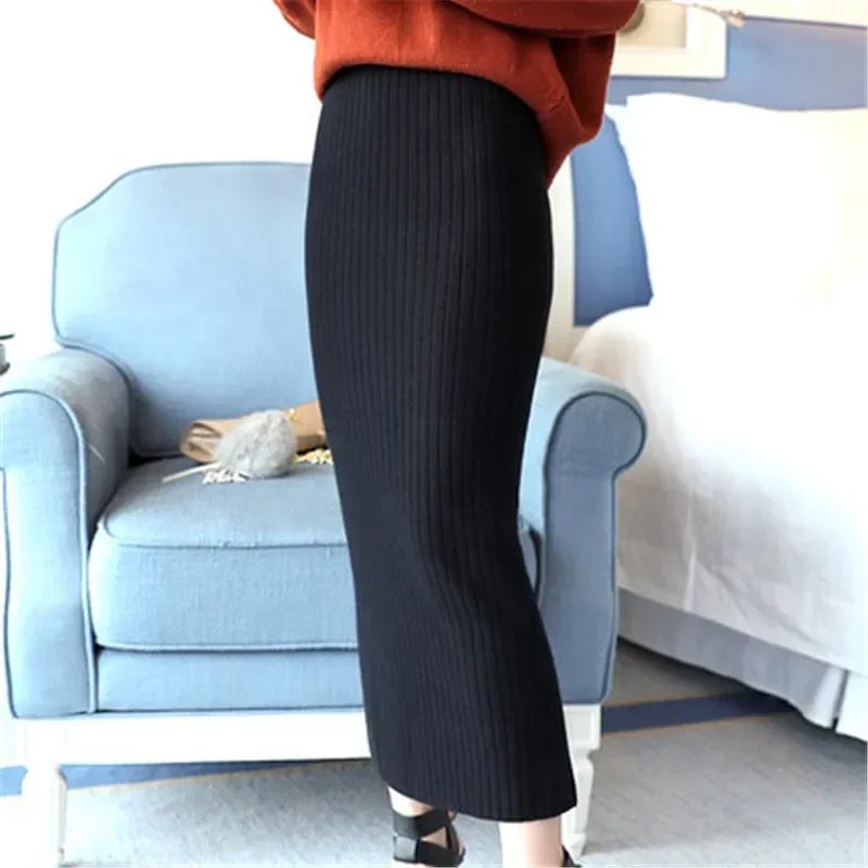 

Hight Quality Autumn Winter Woolen Skirts Slim Belt Office Long Midi Skirt Step Pencil Skirt Knitted wool skirt PZ1193