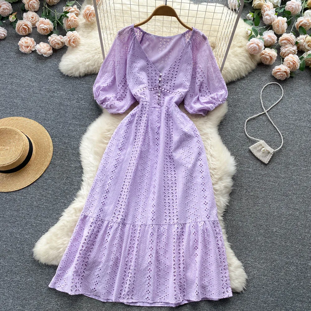 

New Summer Women Sexy V-Neck Puff Short Sleeve Slim Long Dress High Quality Embroidery Hollow Out Big Hem Elegant Evening Dress