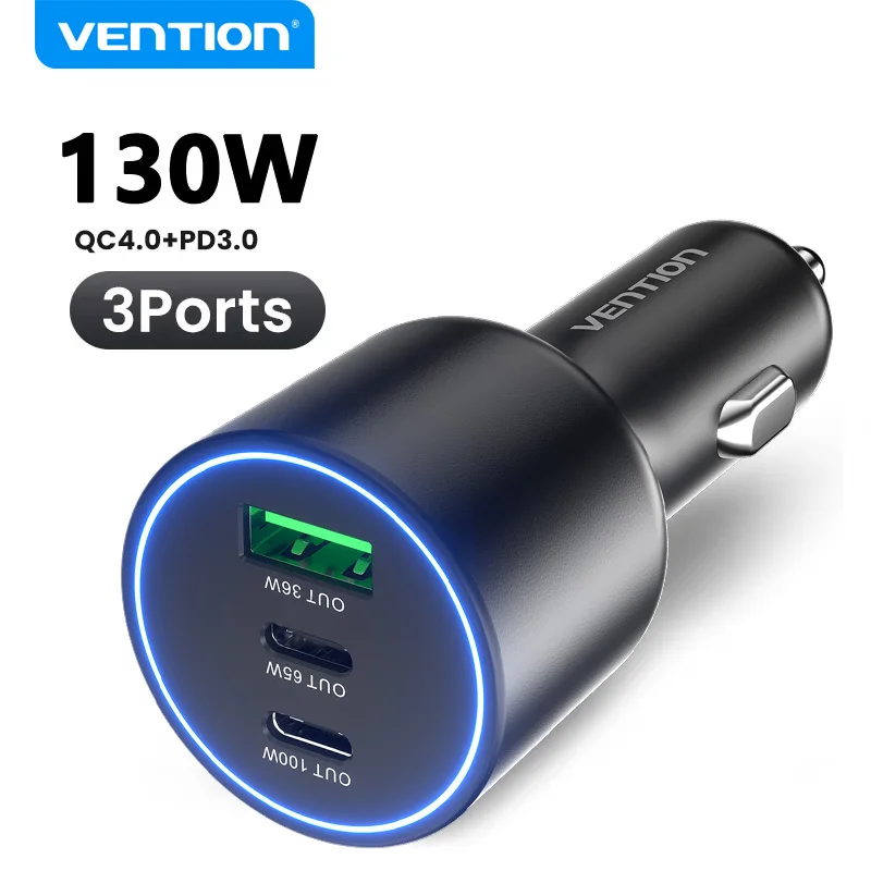 Caricabatterie da auto Vention 130W USB Type C QC 4.0 PPS PD 30W a ricarica rapida USB C per iPhone 16 15 Pro Samsung Macbook
