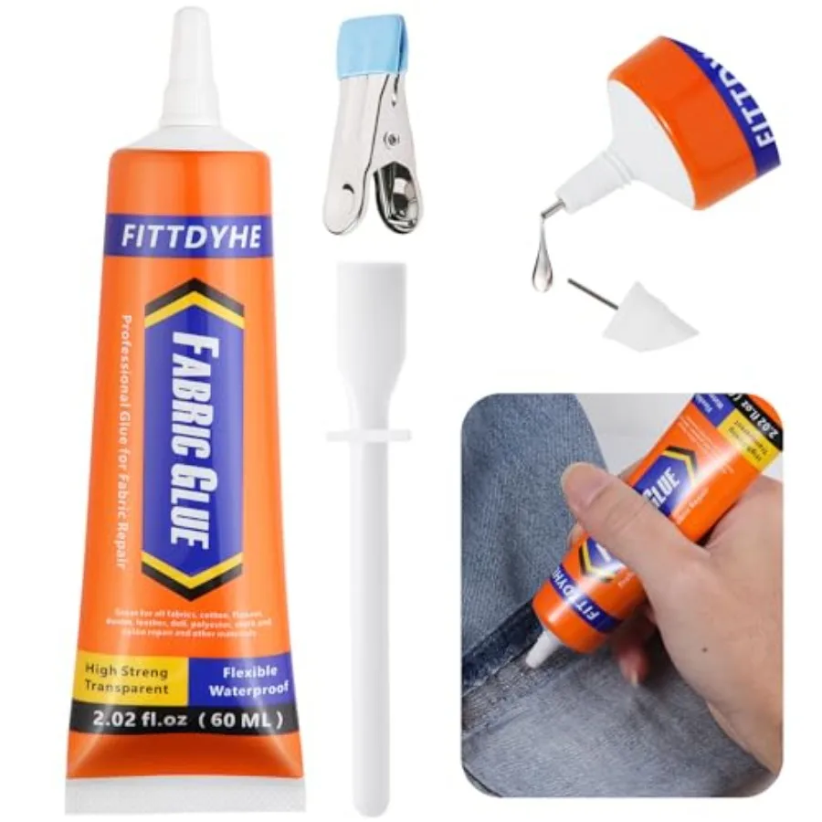 Fabric Glue Permanent, 60 ML Washable Clear Clothing Glue, Super Fabric Glue for Rhinestones, Patches, Clothes, Denim, Leather,