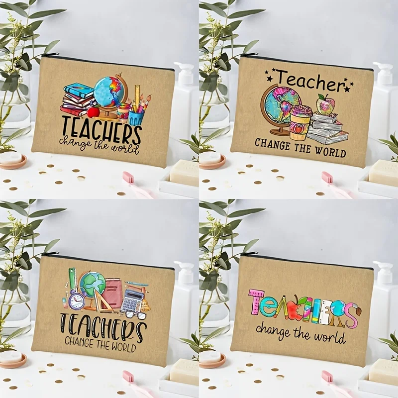 

Teacher Change The World Linen Pouch Travel Toiletry Organizer Back To School Teacher Gift Cosmetic Bag Women Neceser Makeup Bag