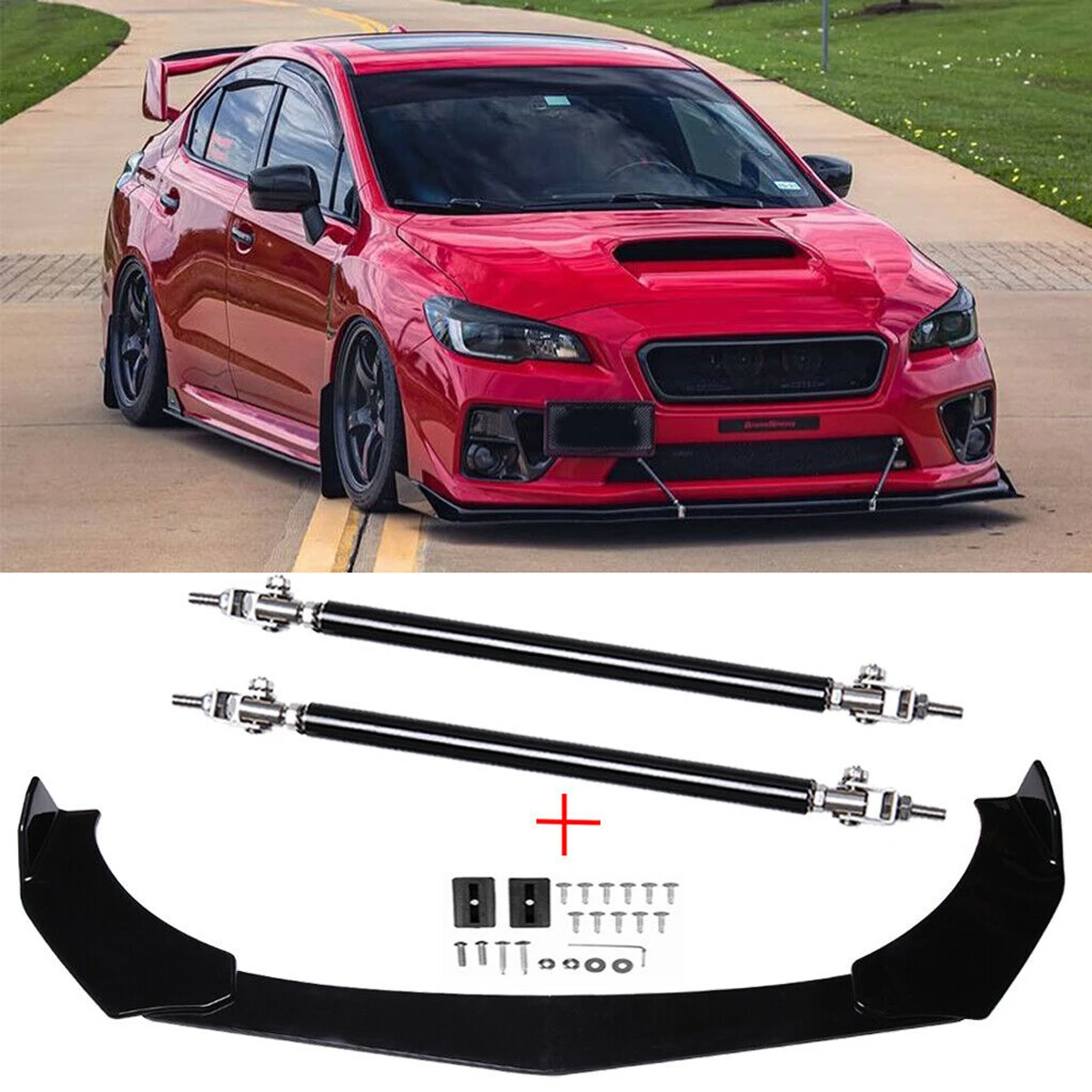 Carbon Fiber Print Red Trim Front Splitters Lips Spoilers Lower Bumpers Lips Fits 2015-2021 Subaru WRX STI