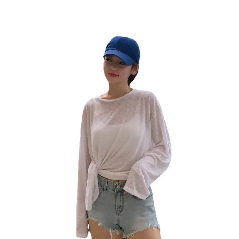 Women Loose Fit Long Sleeve See Through Summer T Shirt