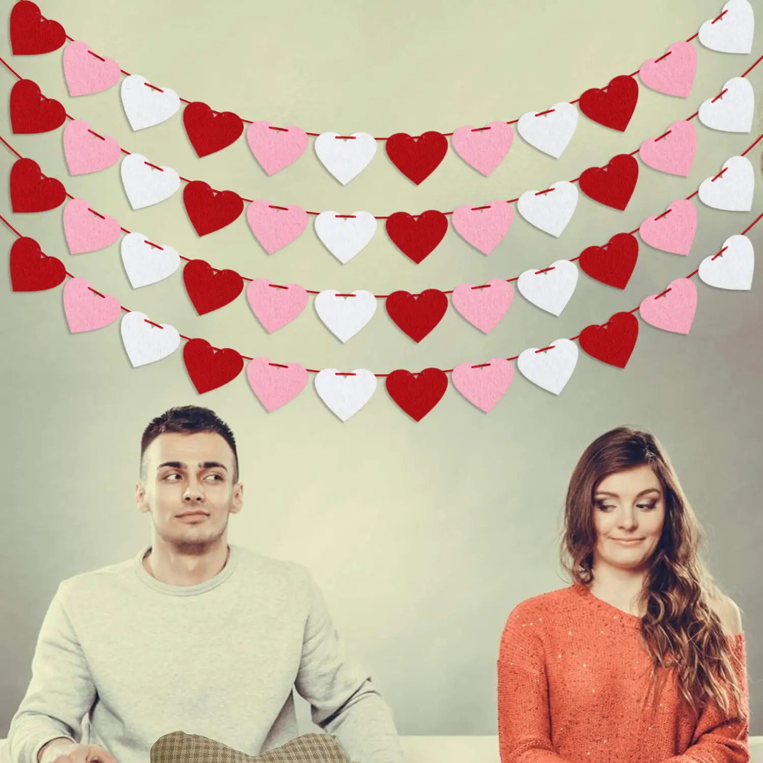 Party Decorations Wool Felt Ball Garland Valentines Felt Heart Garland Banner Pre-Strung Valentines Decorations Love Heart Banner Anniversary Wedding
