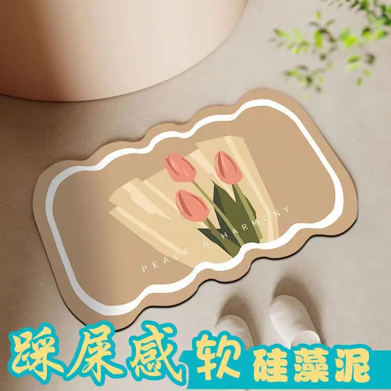 

Flower Pattern Bath Mat Non-slip Bathroom Rug Foot Mat Absorbent Doormat Entrance Door Bedroom Easy To Clean Floor Carpet