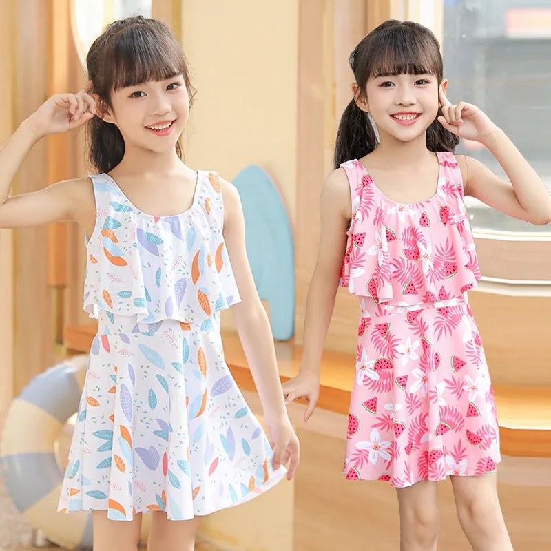 Two Pieces Girls Swimsuit Summer Beach Swimwear Skirt With Underwear Short Sleeve Kids Vacation Clothes For Girl Sportswear