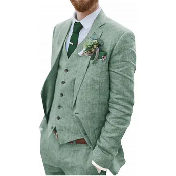 남성용 레트로 리넨 수트, 해변 웨딩 수트, 여름 슬림 핏 리넨 수트, 신랑 들러리, 블레이저, 조끼, 바지, 3 피스