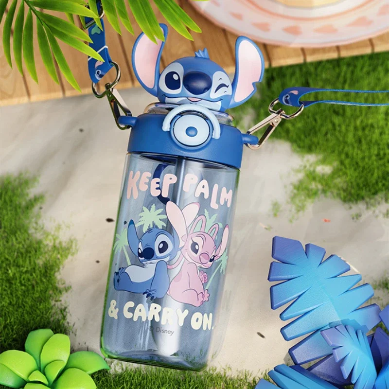 Disney Periphery stitck water bottles 650ML Large Plastic Cup Cartoon Animation Large Capacity Space Straw Cup Car Kid Gift