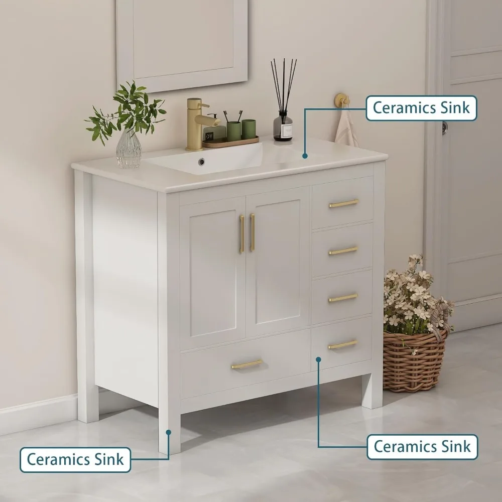 36" Bathroom Vanity with Sink with Faucet, Single Sink Bathroom Vanity 5 Drawers, Mirror, Pedestal,Ceramic Countertop
