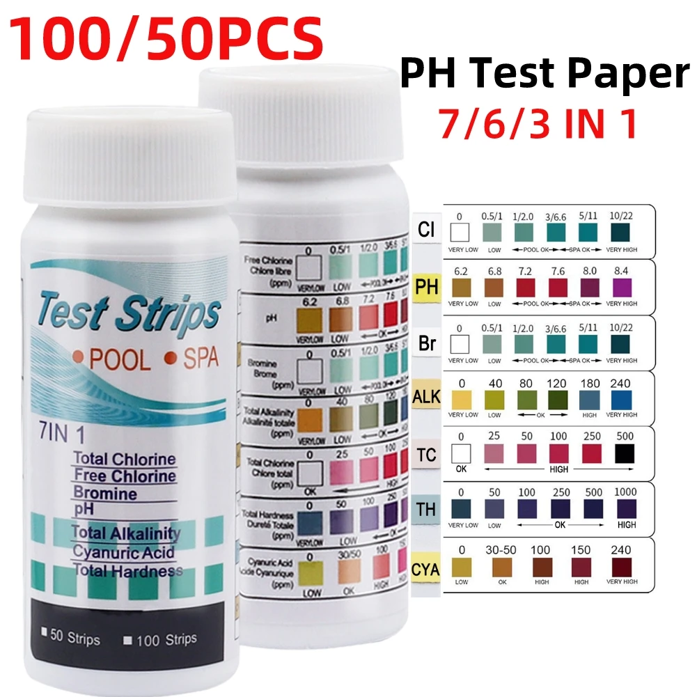 50/100pcs 3/6/7 in 1 PH Test Strips Swimming Pool PH Test Paper Multipurpose Chlorine/PH/Bromine Test Strips Swimming Pool Water Tester Paper