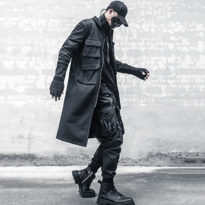 Techwear Style Multi-pocket Patchwork Design Mid-length Trench Coat Mens Clothing Y2K High Street Tactical Function Jackets