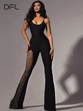 

DFLlifes Transparent Jumpsuits Sexy Backless Black Solid Flare Pants Sleeveless Trousers Mesh Jumpsuit Jean Summer Woman Clothes