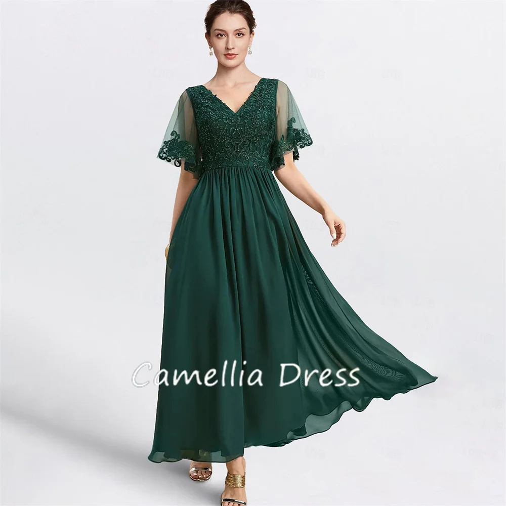 

New V Neck Mother Of The Bride Dress A-Line Simple Short Sleeves Long Chiffon Formal Dresses Vestidos Mae Da Noiva Casamentos