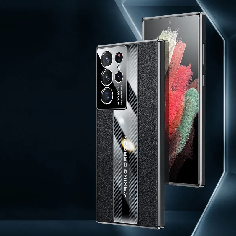 Carbon Fiber Genuine Leather Splicing Cover For Samsung Galaxy S23 Ultra S22 Plus Racing Car Design Camera Protection Phone Case