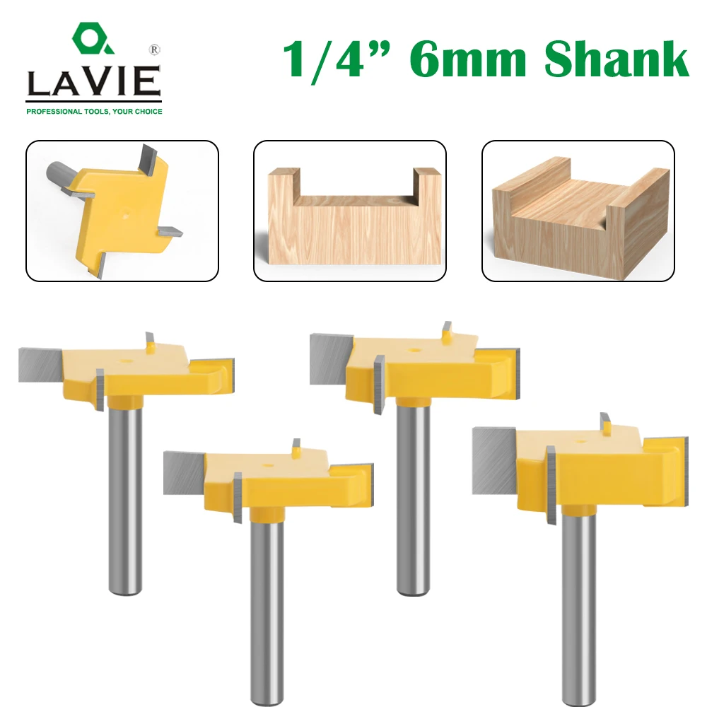 

LAVIE 1pc 6mm Or 6.35mm Shank D 40mm 4 Edge T Type Slotting Cutter Woodworking Tool Router Bits for Trimming Machine 318Z44006Y