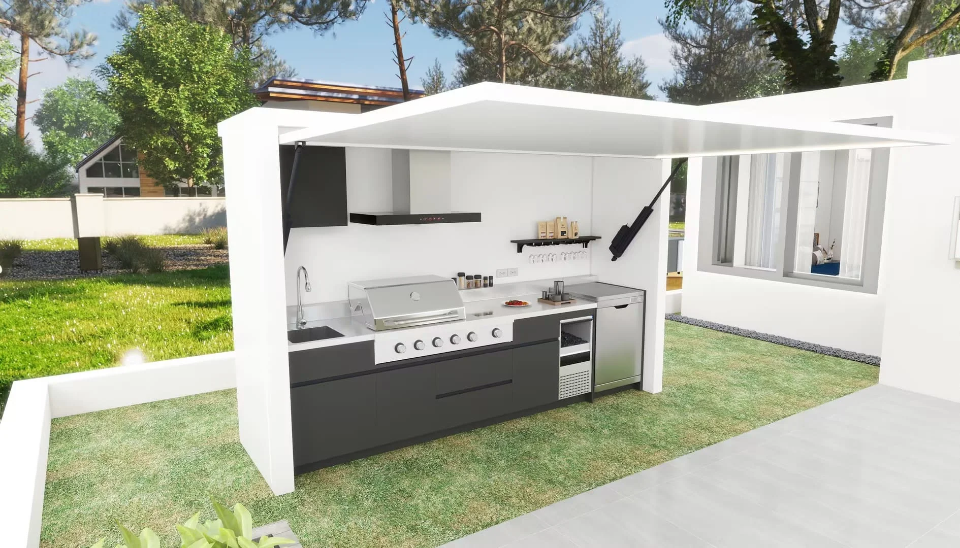 Cuisine extérieure moderne avec gril à gaz, pergola et hangar 2