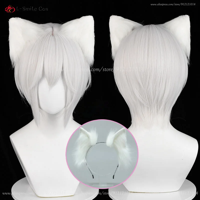 Tomoe Cosplay Perücke Silberweiß Unisex Anime Wig Hitzebeständig mit Ohren 3