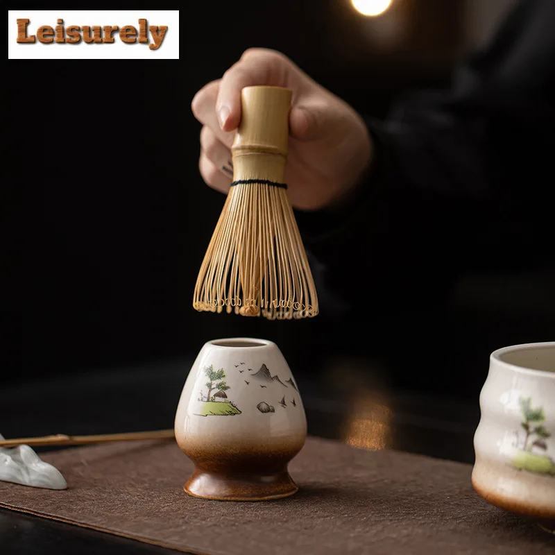 Threaded Ceramic Matcha Four-piece Set Japanese Style Tea Whisk Frothing Stirring Tool Holder Hundred Book Stand Tea Ceremony