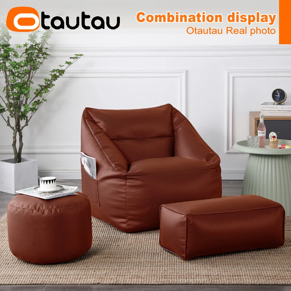 Bean Bag Chairs Pouf Cover Adults Faux Leather Bean Bag Cover No Filler  Single Sofa Pouf Ottoman Armchair Beanbag Chair Lazy Couch Living Room