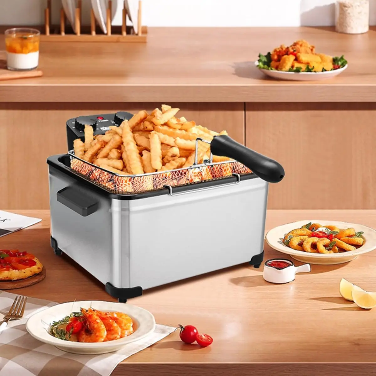 1800W 5 Liters/21 Cups Large Electric Deep Fryer with 3 Frying Baskets for Home Use, Adjustable Temperature,View Window Lid 4
