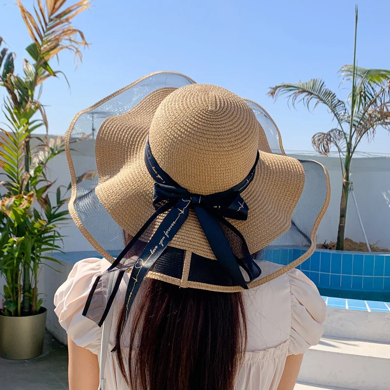 

Ins New Korean Style Woman Straw Hat Ribbon Bow Large Brim Sun Shade Beach Hat Outing Fashion Beach Travel Holiday Glacier Hat
