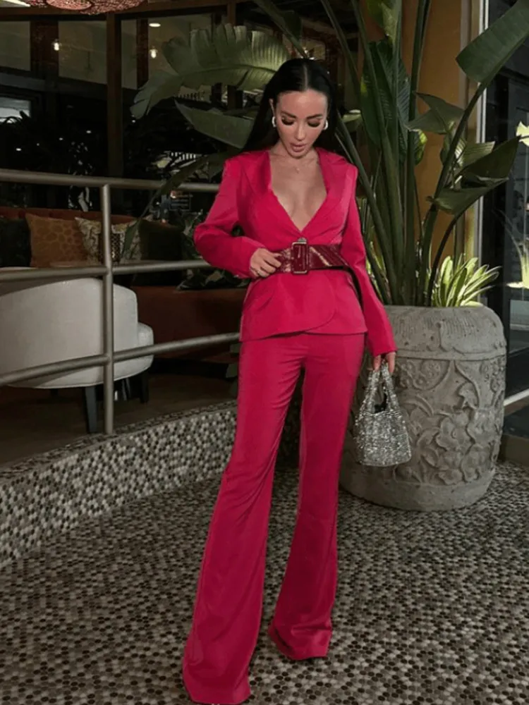 

Rose red V Neck Long Sleeve Fashion Belt Slim Coats Pants 2023 New Spring Suit Office Lady Celebrate Fashion Women's Set