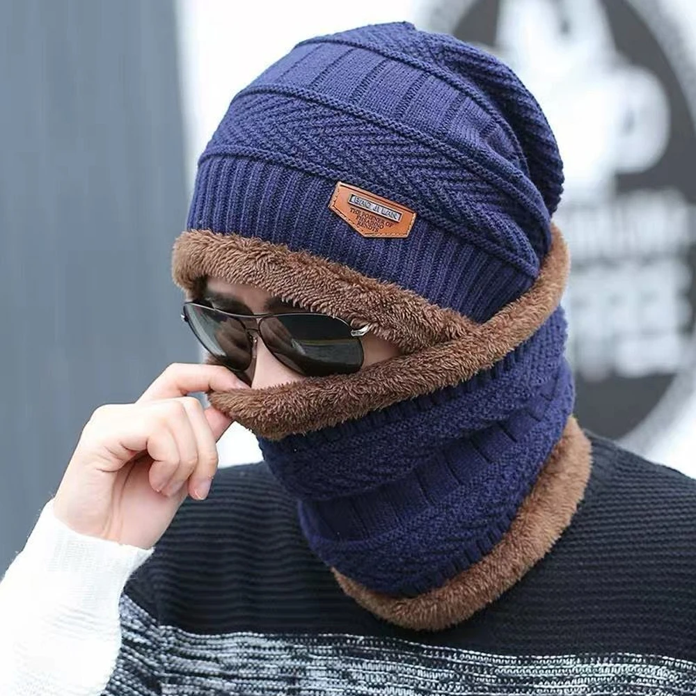 Winter Beanie Hat for Men Women Knitted Thick Wool Neck Scarf Cap Balaclava Mask Bonnet Hats