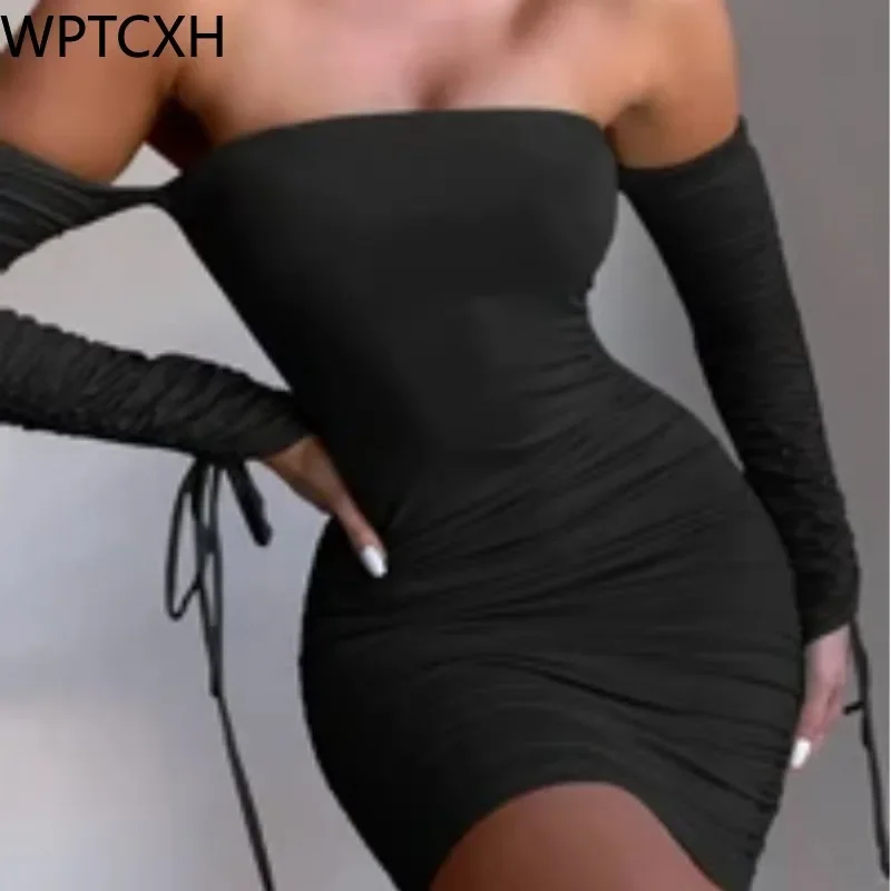 

2024 Fashion Design ClubHigh Quality Dress Off Shoulder Ruched Long Sleeve Woman Sexy Bodycon Mini Party Hot Selling Dress