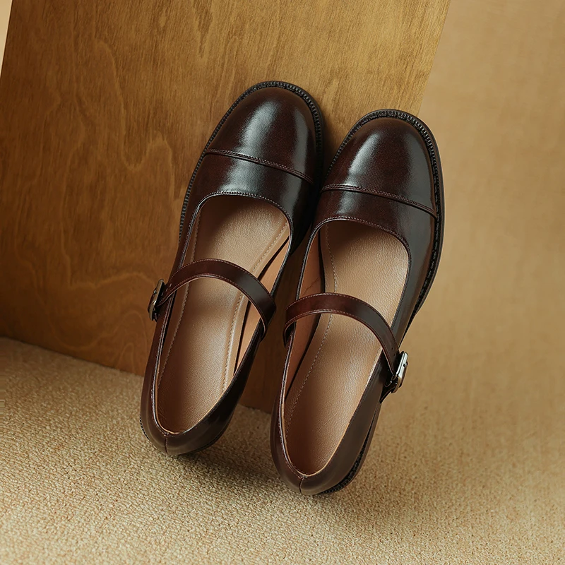 Fashion Spring Summer New Round Toe Concise Women Pumps Solid Split Cow Leather Buckle Square Low Heels Female Shoes Size 34-39
