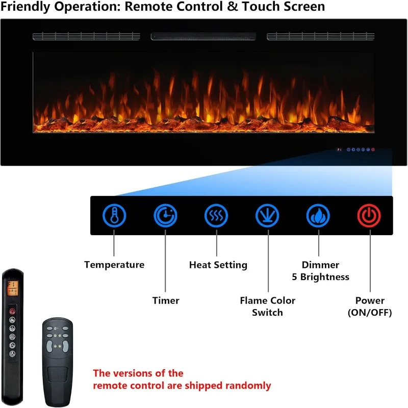 Electric Fireplace 60inches,Wall-Mounted Recessed Fireplace Inserts,Multicolor Flame w/5 Dimmer,Remote Control Thermostat,Timer