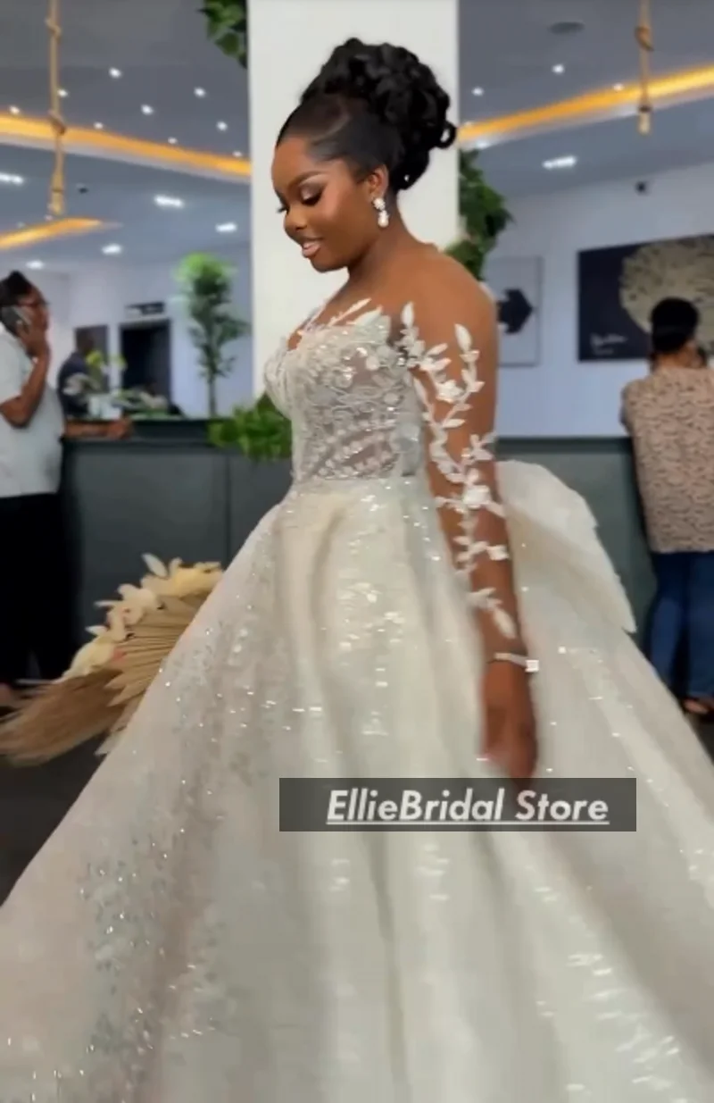 African Ball Gown Wedding Dresses For Brides Sheer Neck Lace Bridal Gowns Long Sleeve Beading Vestido De Noiva 2025 Customized