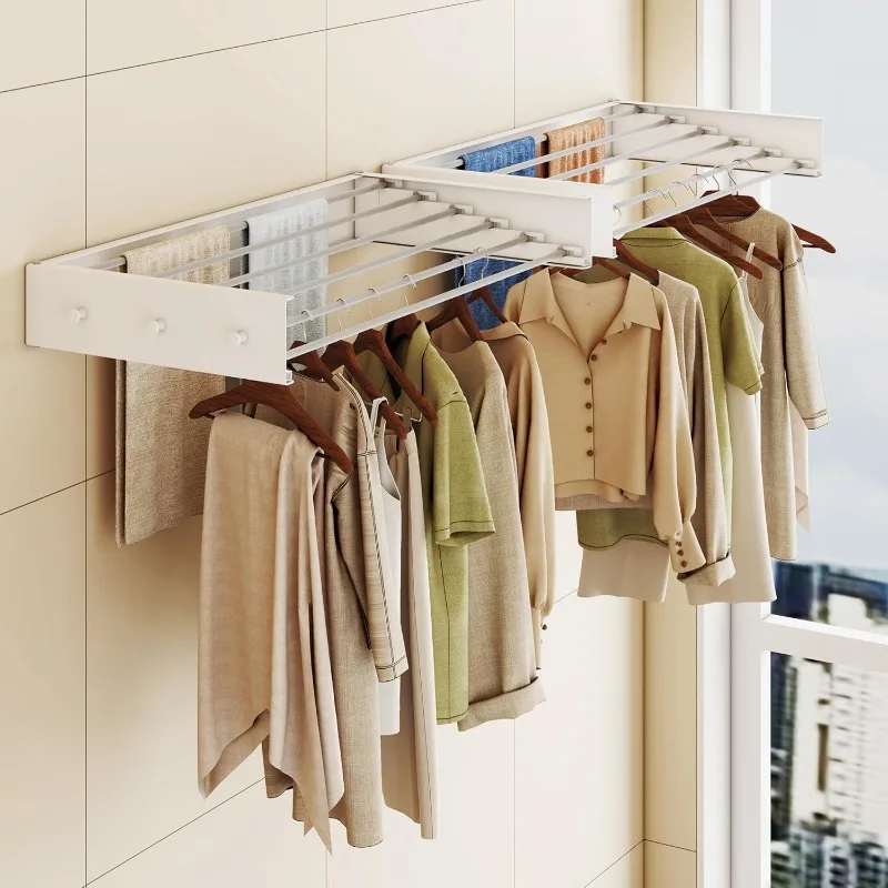Upgrade Drying Rack Clothing,Clothes Drying Rack Wall Mounted,Laundry Drying Rack Wall Mount,6 Aluminium Poles,with Hooks 2