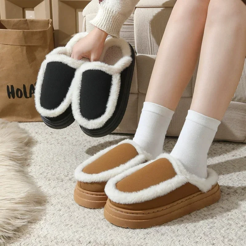 Faux Suede Fluffy Warm Women's Home Slippers Plus Size Non Slip Fur Slippers Woman Platform Indoor Bedroom Plush Slides Ladies