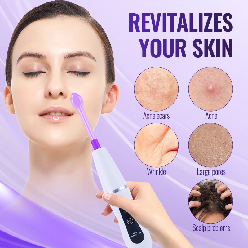 High-frequency dual-position wand - Orange (Argon) for acne/Purple (Neon) for tightening, new 6 in 1 professional home spa device.
