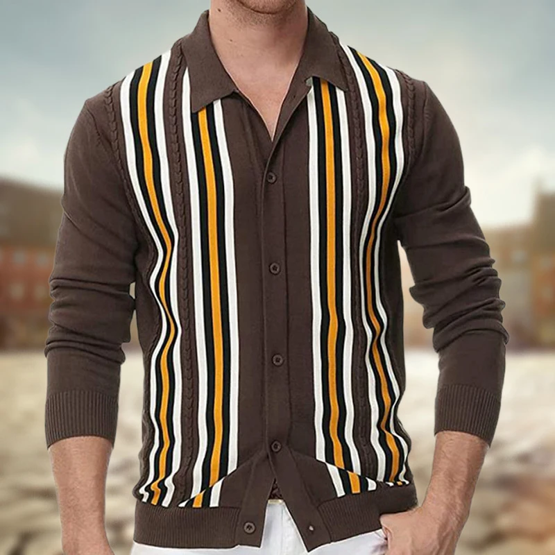 

2024 Spring Mens Casual Shirts Knitwear Long Sleeve Slim Fit Buttoned Lapel Knit Shirt Streetwear Vintage Striped Patchwork Tops