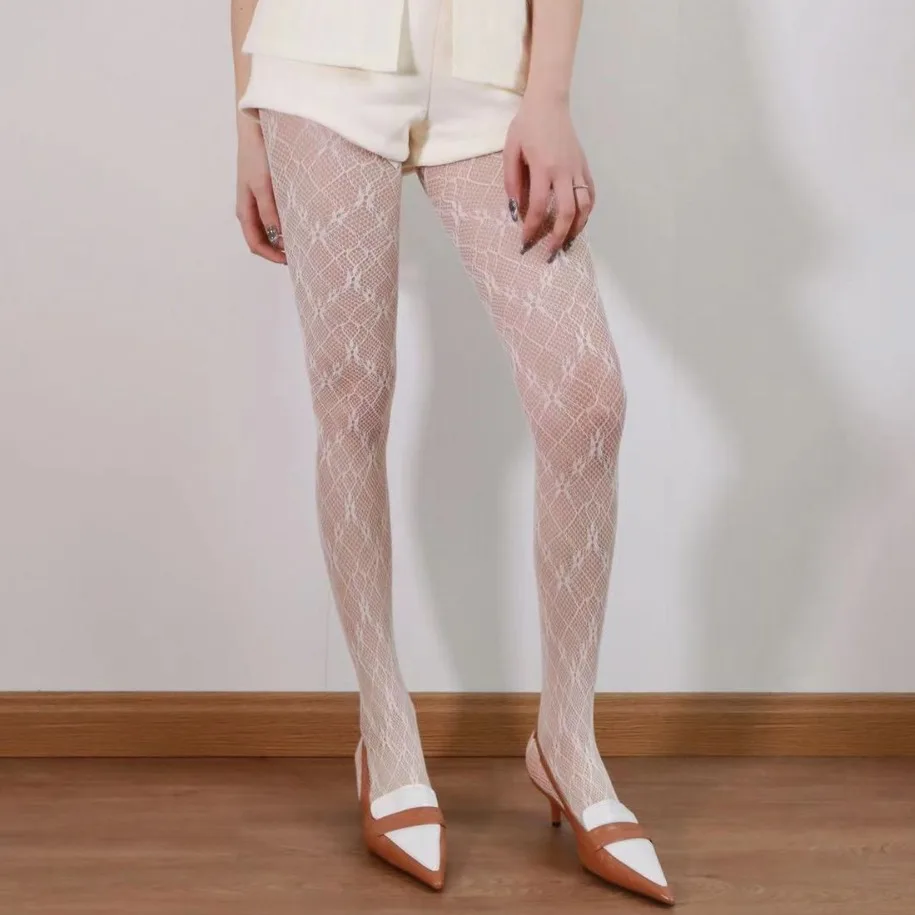 

Retro Cross Grid Little Floral Jacquard Women's Pantyhose Hollowed Out Small Mesh Hottie Sexy White Spring Summer Tights