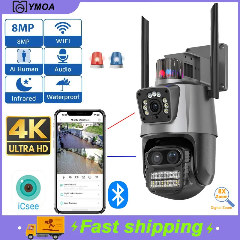 

IP Camera 8MP 4K WiFi Three Lens Dual Screen Security CCTV Video Surveillance Camera Night Vision Outdoor PTZ Camera ICSEE