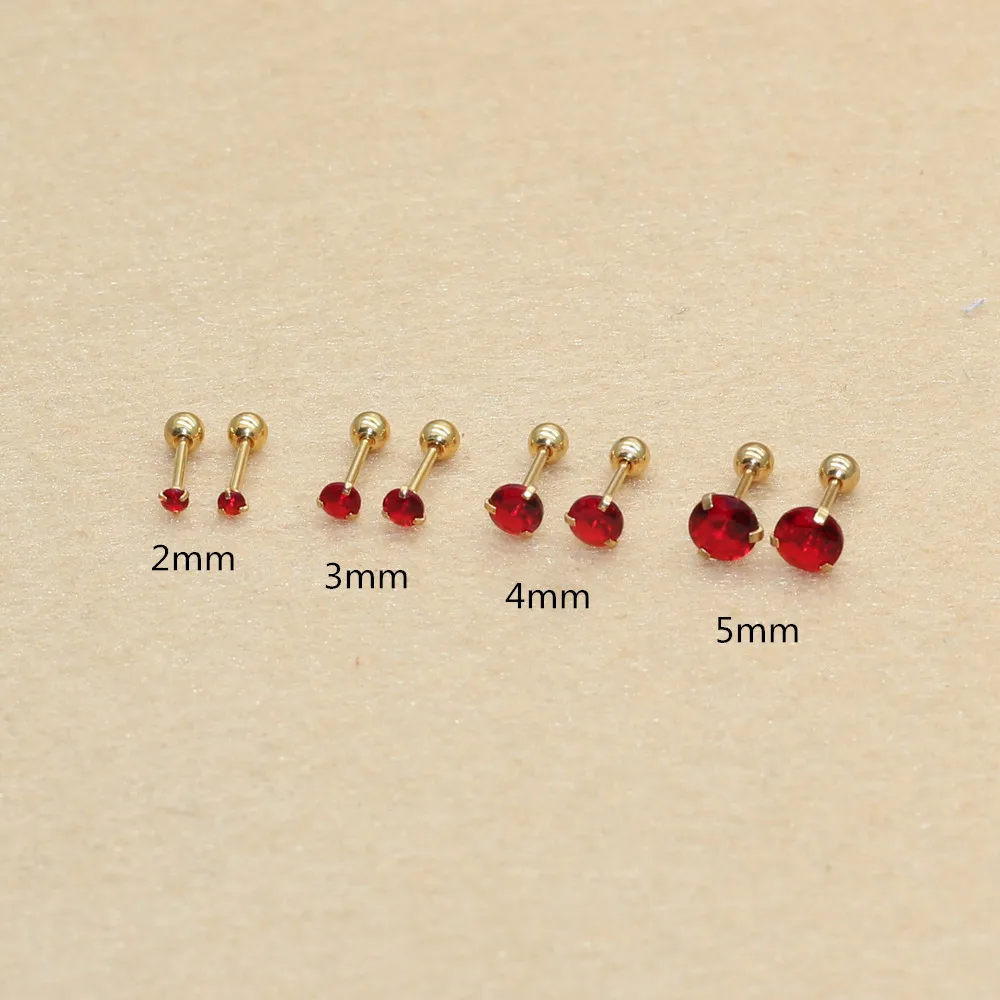 Size From 2mm to 5mm Stainless Steel Green Red Color Round Stond Screw-Back Stud Earrings No Fade Allergy Free Brief Jewelry