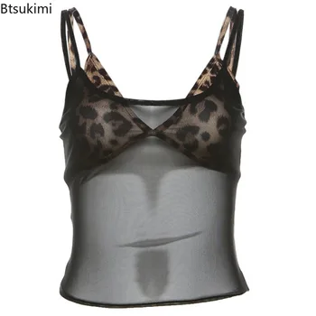 2025 Women Sleeveless Strap Camis +Leopard Print Bra 2 Piece Set Sexy Mesh See Through Crop Tops Summer Fashionable Streetwear