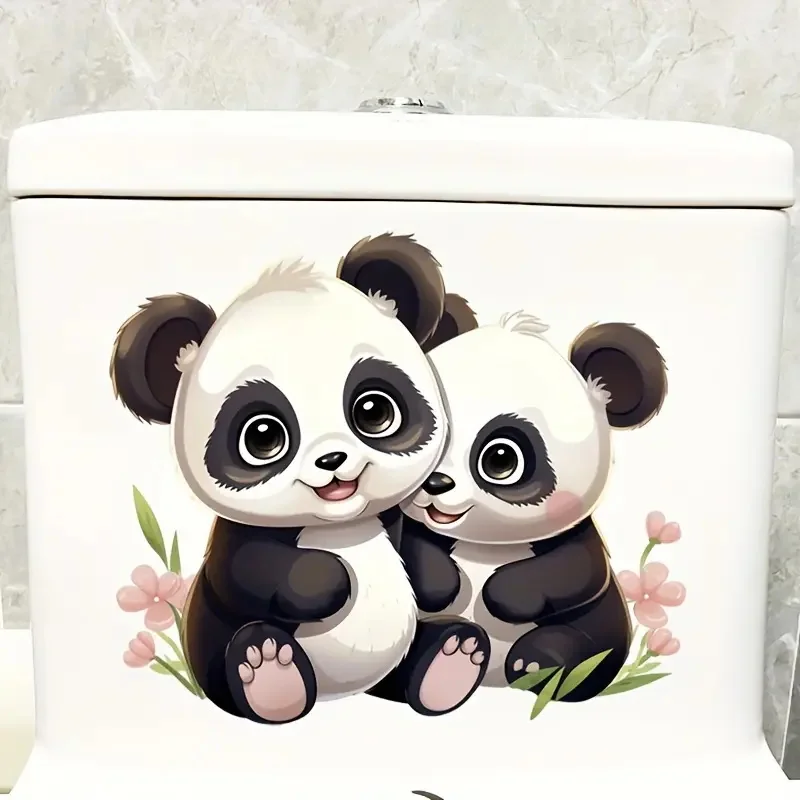 Two Cute Panda Toilet Stickers, Bright Bathroom for Home Decoration, Vinyl Animal Decals, Art Wall Paper, Poster
