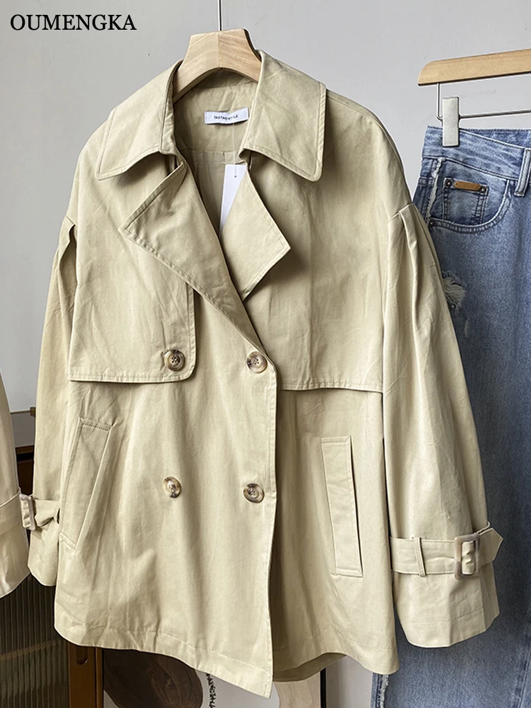 

Куртка OUMENGKA женская короткая, модная двубортная блуза цвета хаки в Корейском стиле, с отложным воротником, элегантная оверсайз, Осень-зима