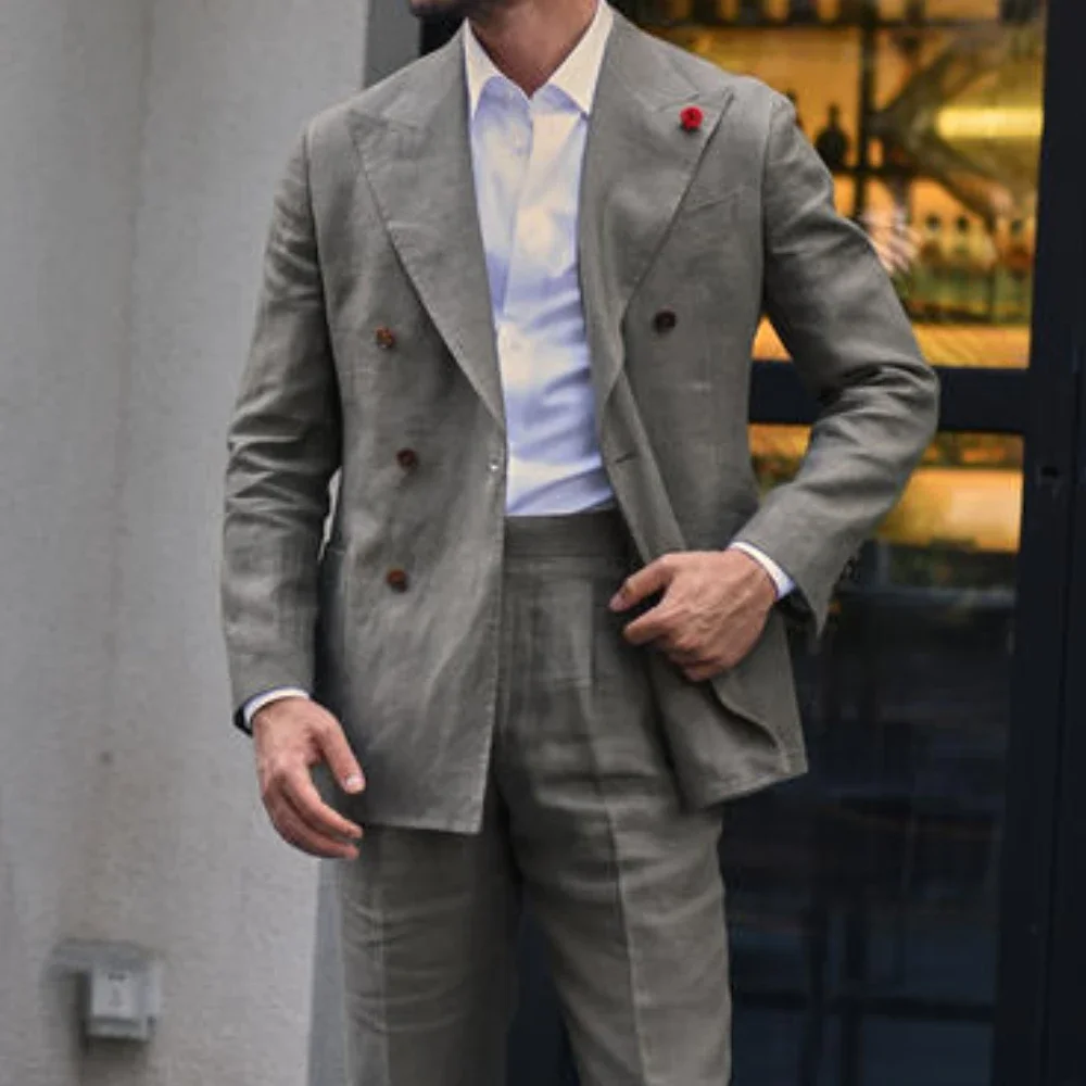 High Street Green Linen Men Suit Smart Casual Wedding Suits For Men Double Breasted Peak Lapel Custom Slim Fit 2 Piece Tuxedo