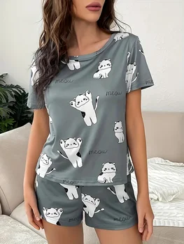 Plus Size Women's Cat Pattern Home Clothes Set Women's Short Sleeve Shorts Two Piece Summer Casual Home Clothes