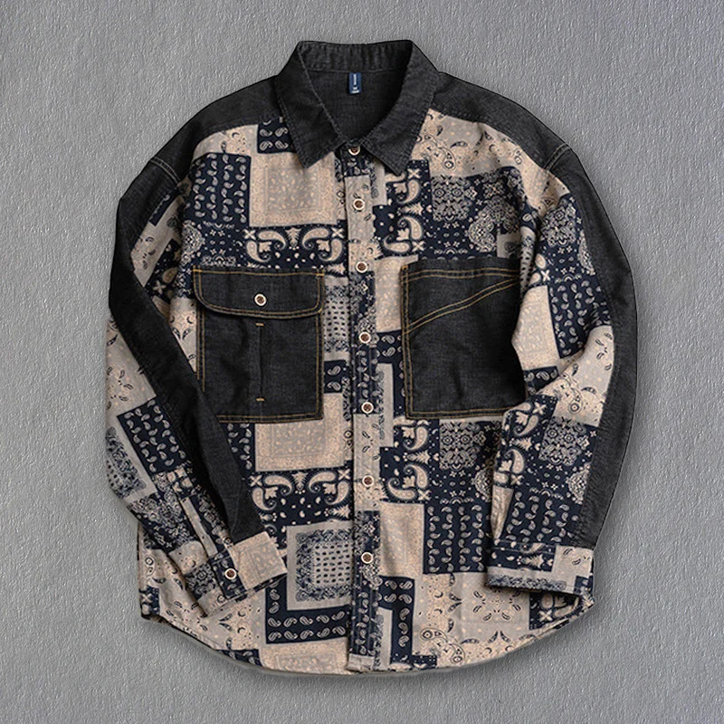 

Mens Vintage Shirts Corduroy Patchwork Paisley Pattern Long Sleeve For Men Autumn Korean Fashion 100% Cotton Shacket Coat