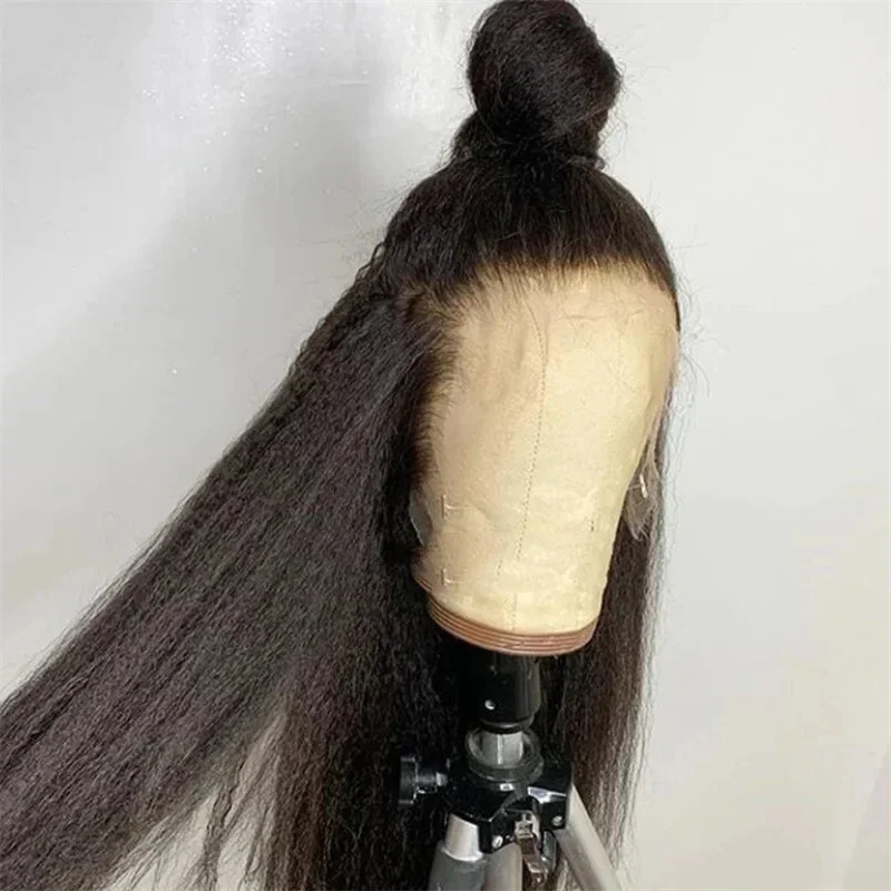 

26Inch 180%Density Yaki Kinky Straight Natural Black Long Lace Front Wig For Women Baby Hair Heat Resistant Glueless Preplucked