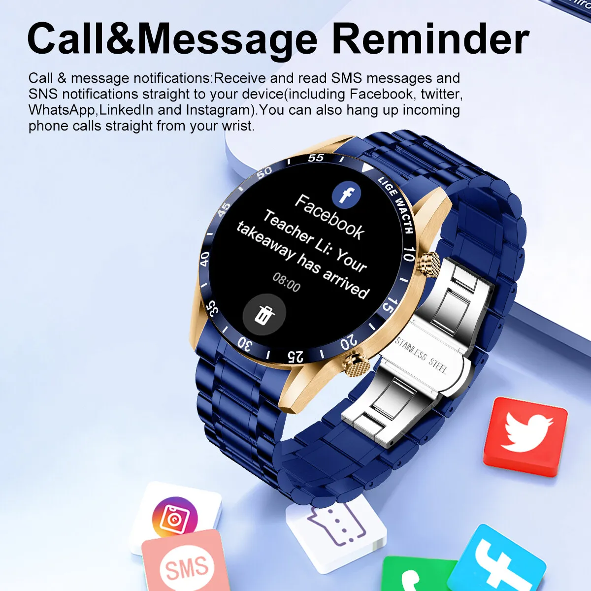 LIGE 2026 New Blue Smart Watch Bluetooth Call Heart Rate Sleep Monitor Sport Fitness Tracker IP67 Waterproof Steel Smart Watches