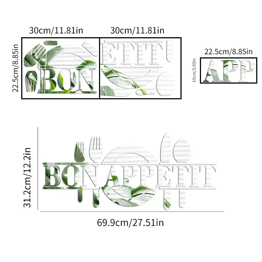 BON APPETIT Letter Plate Mirror Stickers 3D Acrylic Art Knife And Fork Kitchen Wall Stickers DIY Tea Room Home Decoration